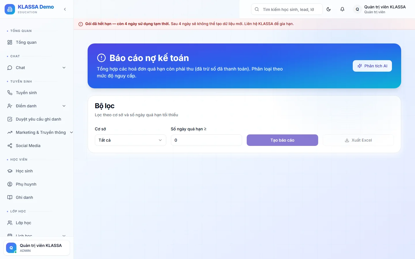 Báo cáo công nợ học phí realtime