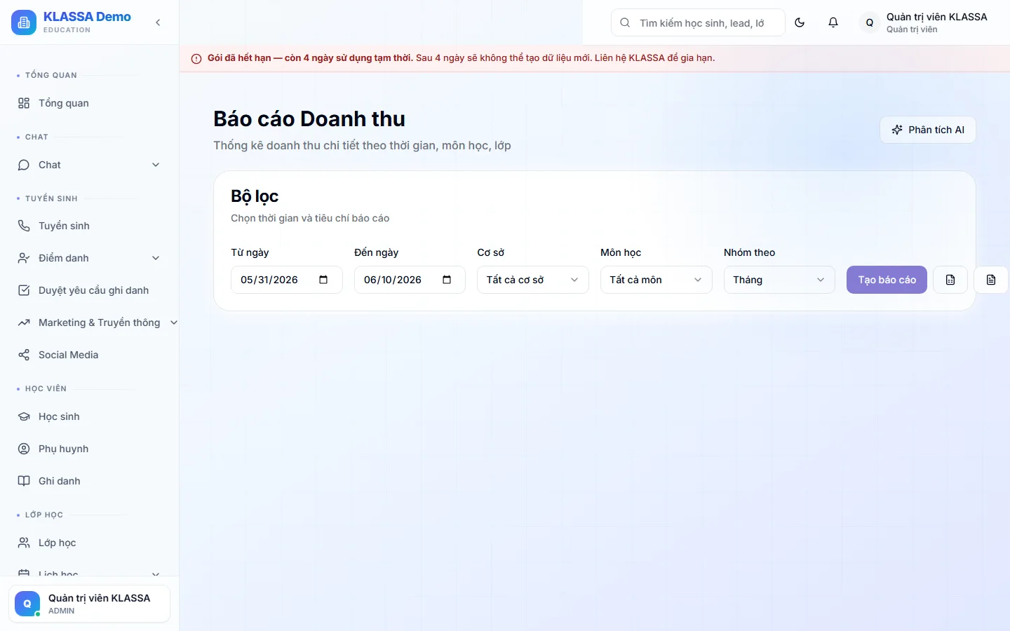 Báo cáo doanh thu trong KLASSA