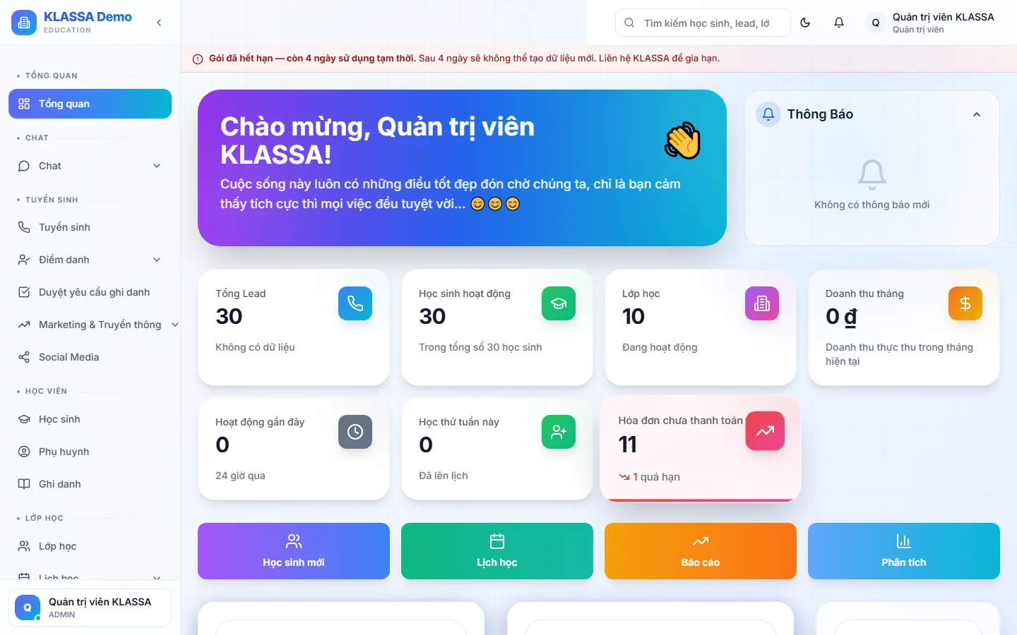 Dashboard KLASSA — tổng quan doanh thu, lớp học, điểm danh trong ngày