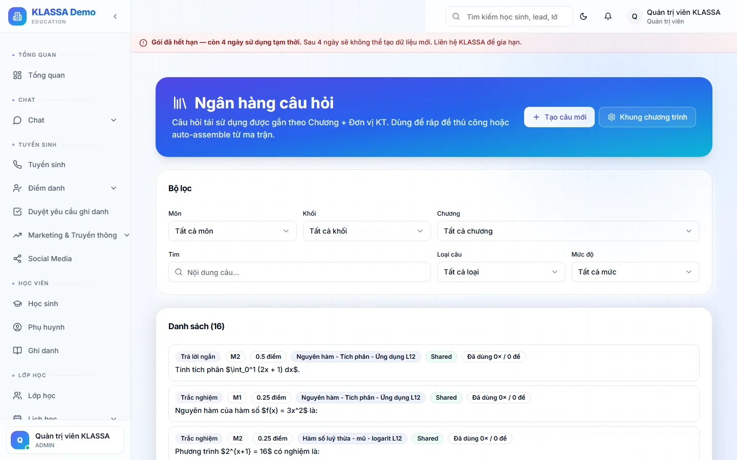 Ngân hàng câu hỏi phân loại theo môn và độ khó trong KLASSA
