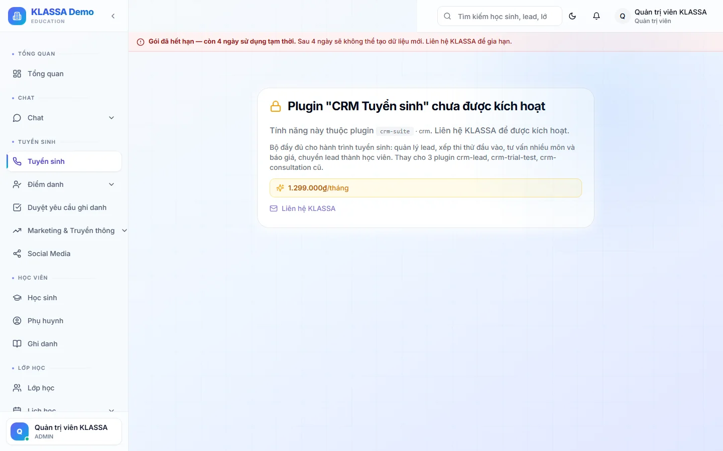 CRM tuyển sinh trong KLASSA — quản lý lead theo phễu
